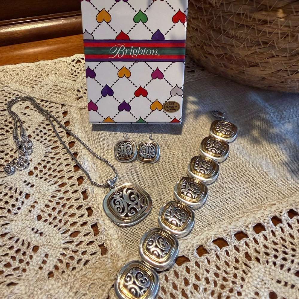 Brighton Silver Scroll Pendant Necklace, Bracelet & Earrings Set